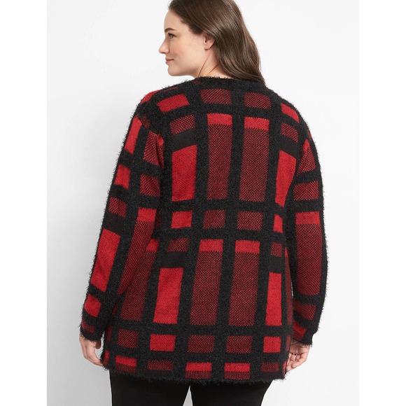 Lane Bryant Women's Open Front Black Red Plaid Eyelash Cardigan 14/16 - Picture 2 of 8